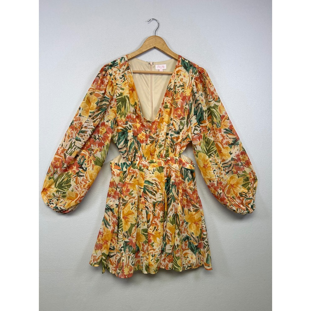 Tropical Boho Pink Lily Womens LG Orange Floral Cutout Balloon Sleeve Mini Dress